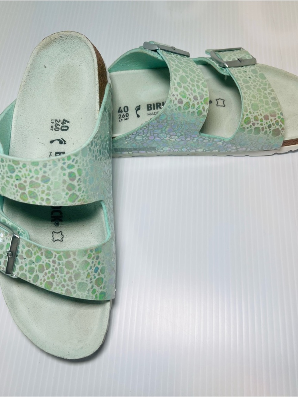 Birkenstock Women’s Light Aqua Iridescent Mermaid Two-Buckle Arizona Sandals 40 - Picture 8 of 10